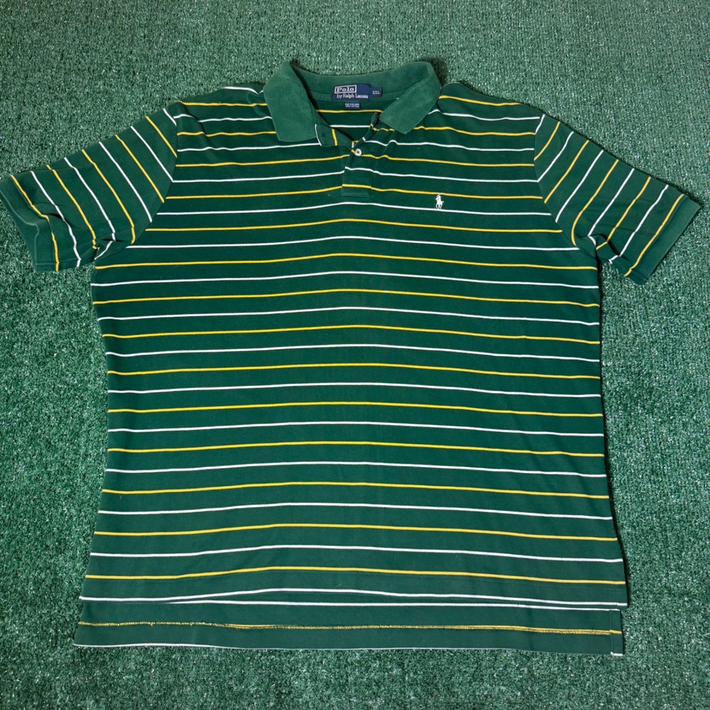 Polo Ralph Lauren Mens XXL Green Yellow Striped Short Sleeve Cotton Polo Shirt